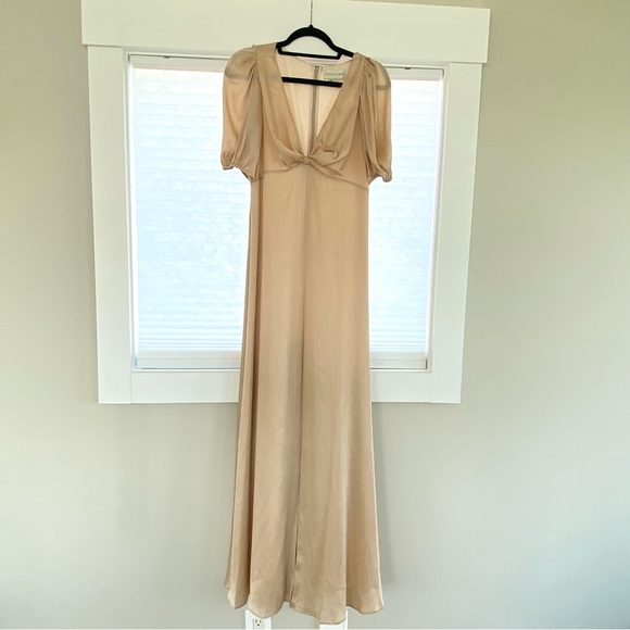 Sachin + & Babi Alli Puff Sleeve Champagne Gown Dress 4 V Neck Textured Satin - Picture 6 of 11